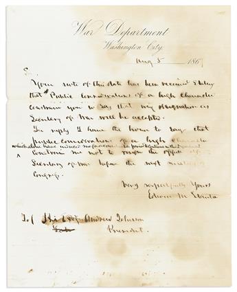 (CIVIL WAR.) STANTON, EDWIN M. Two letters Signed, as Secretary of War: LS, to Alexander K. McClure * ALS, to President Andrew Johnson.